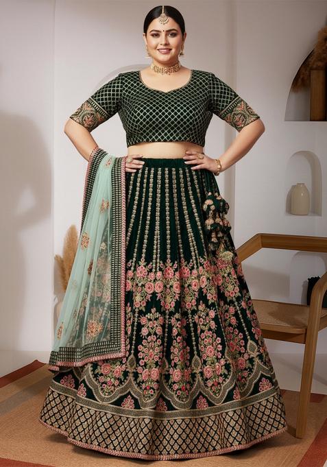 Green Embroidered Velvet Lehenga set