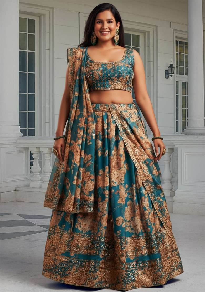Teal Embroidered Organza Lehenga set - Indya