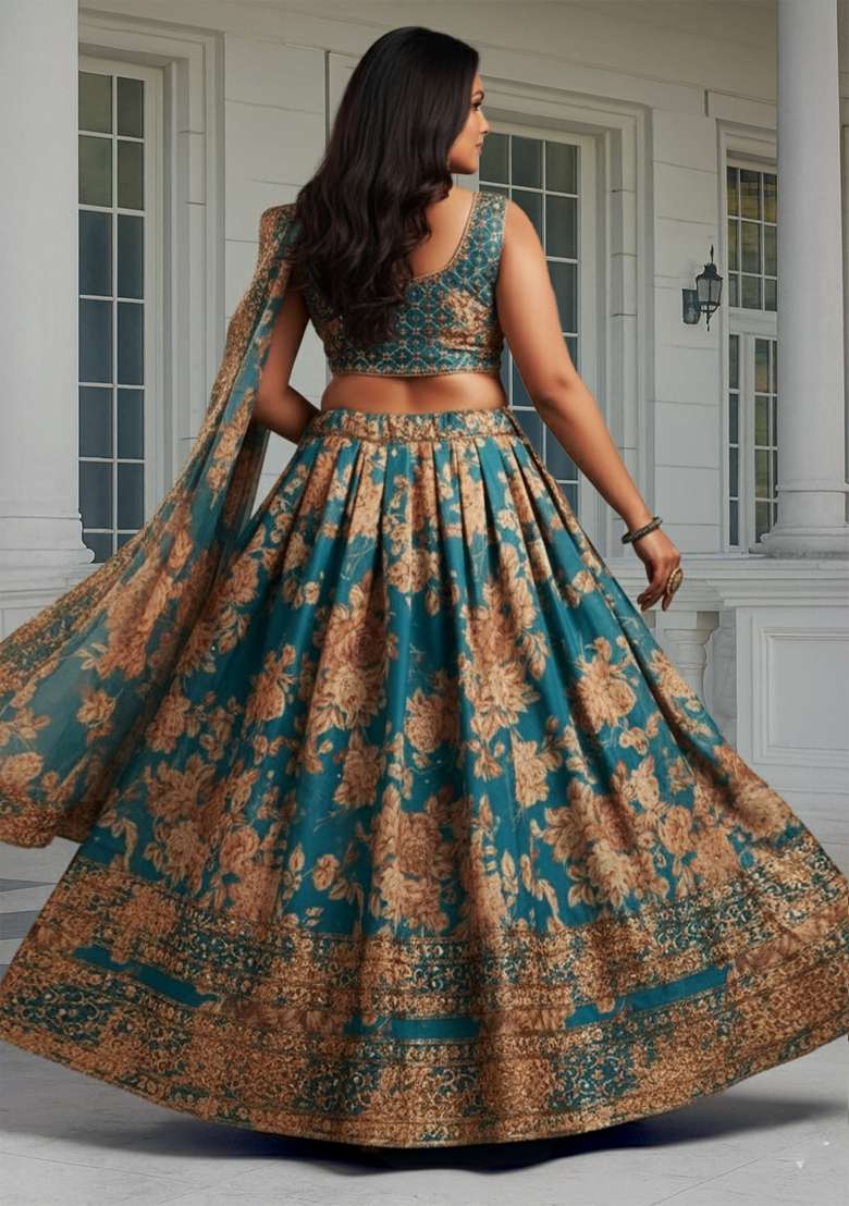 Teal Embroidered Organza Lehenga set - Indya