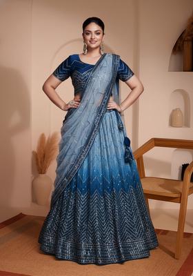 Sky Blue Embroidery Heavy Chinon Lehenga Set