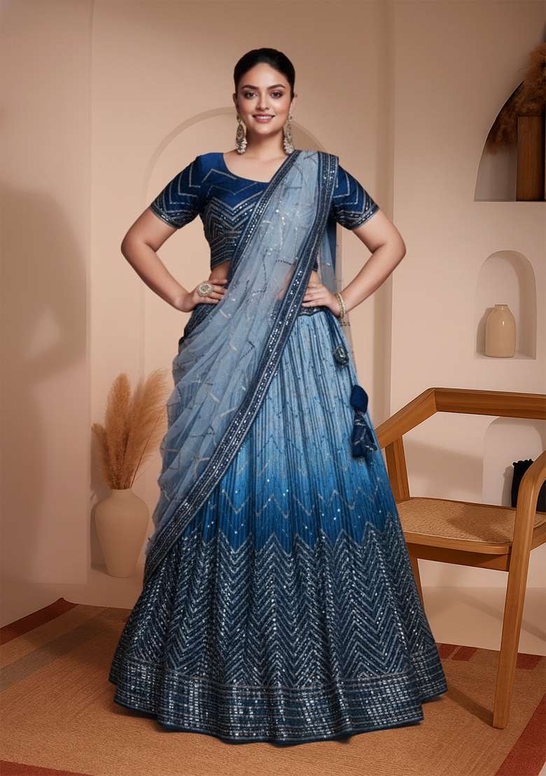 Sky Blue Embroidery Heavy Chinon Lehenga Set - Indya