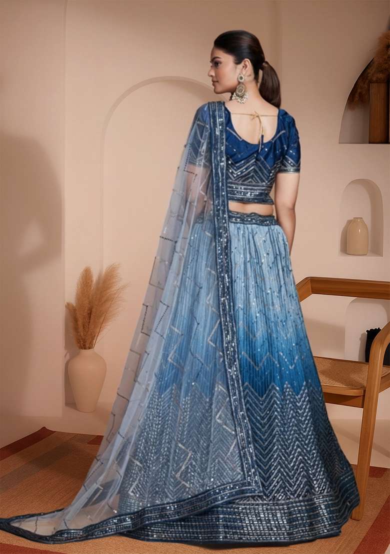 Sky Blue Embroidery Heavy Chinon Lehenga Set - Indya