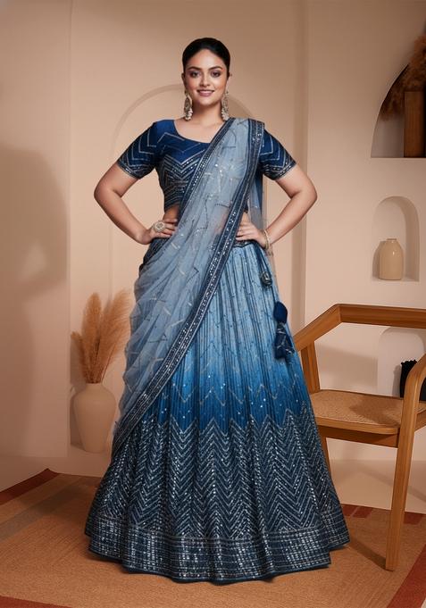 Sky Blue Embroidery Heavy Chinon Lehenga Set