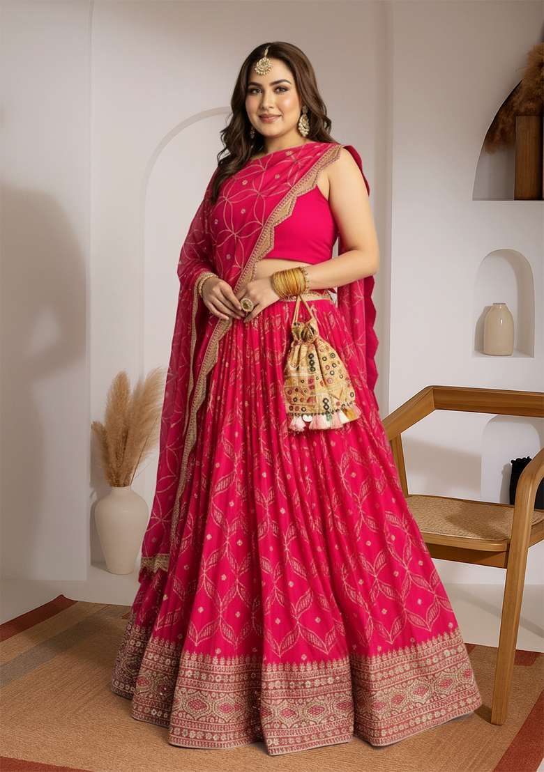 Magenta Embroidery Georgette Lehenga Set - Indya