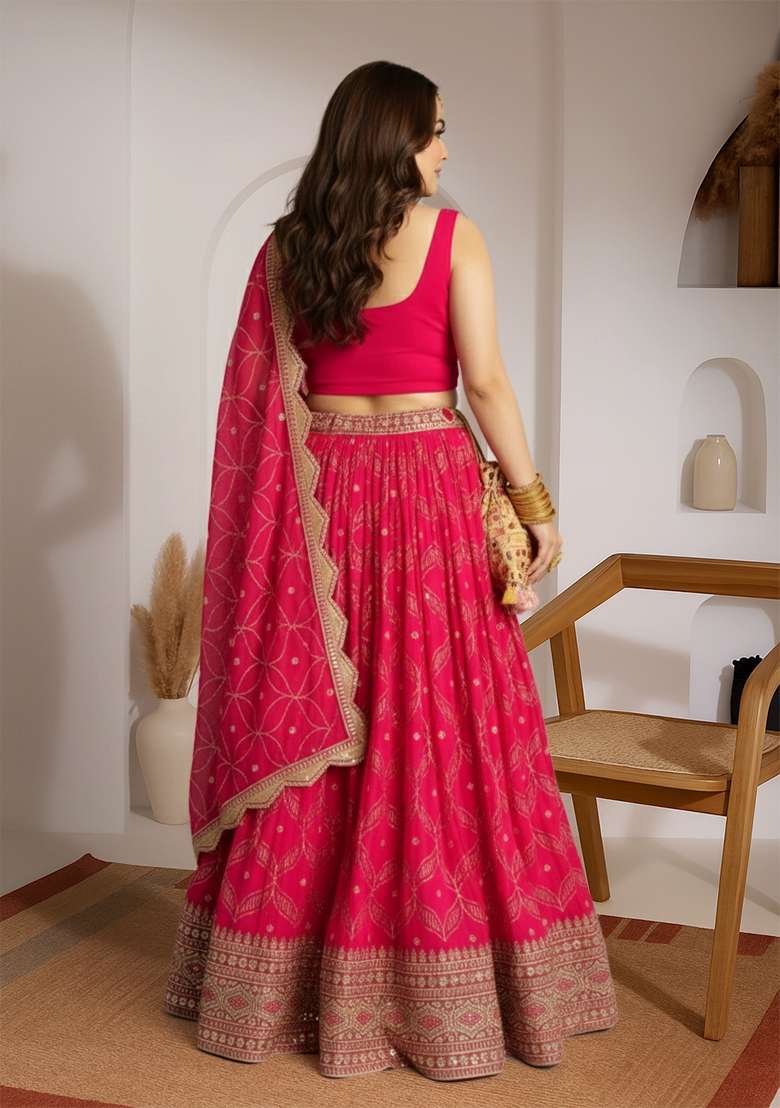 Magenta Embroidery Georgette Lehenga Set - Indya