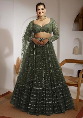Green Embroidery Faux Georgette Lehenga Set