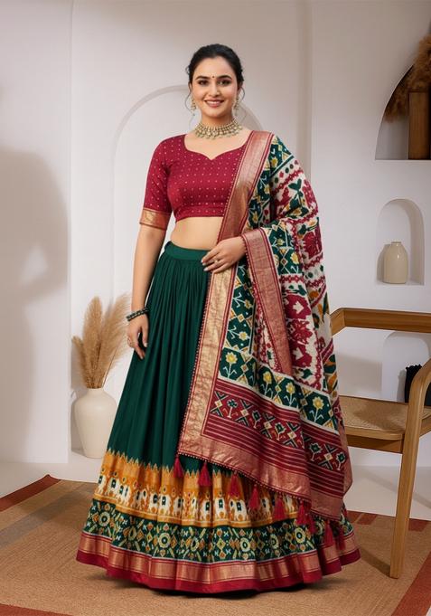 Green Printed Silk Lehenga set