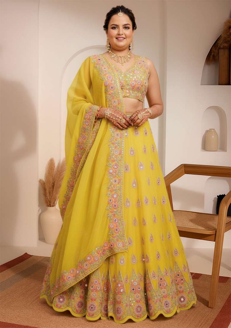 Yellow Embroidered Georgette Lehenga set - Indya