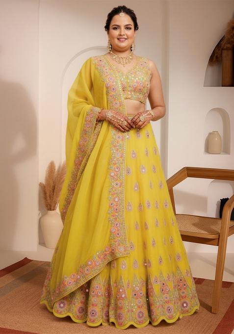 Yellow Embroidered Georgette Lehenga set