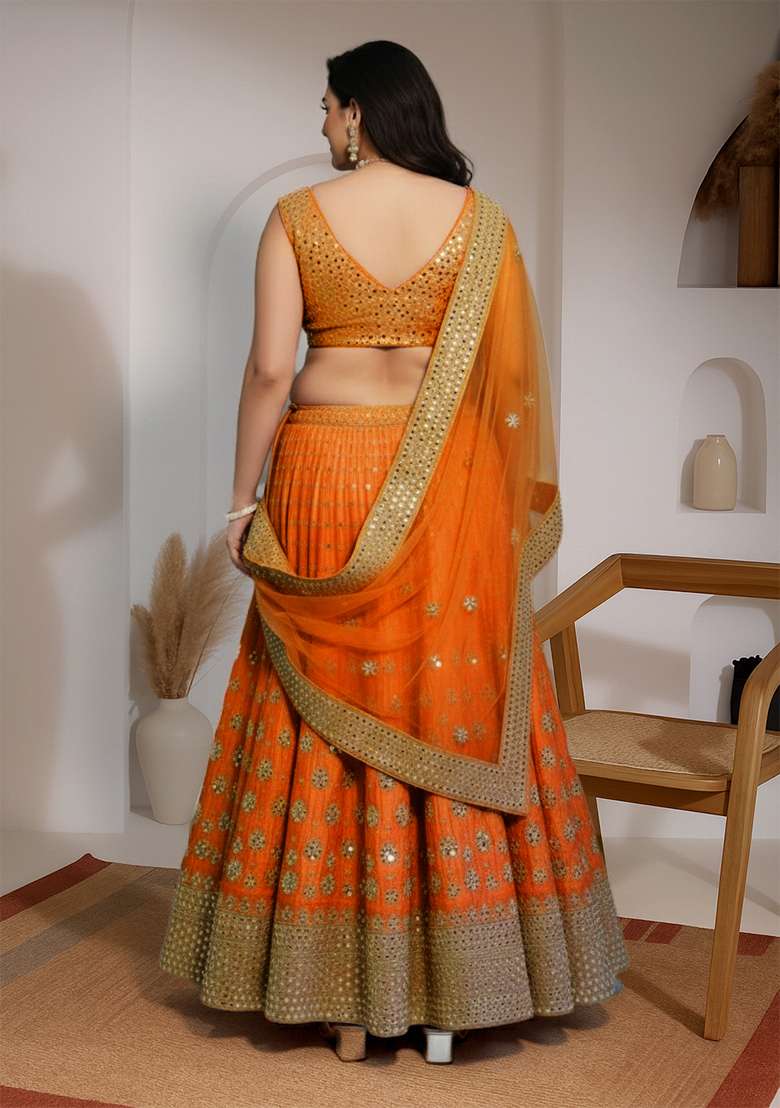 Orange Embroidery Devsena Silk Blend Lehenga Set - Indya