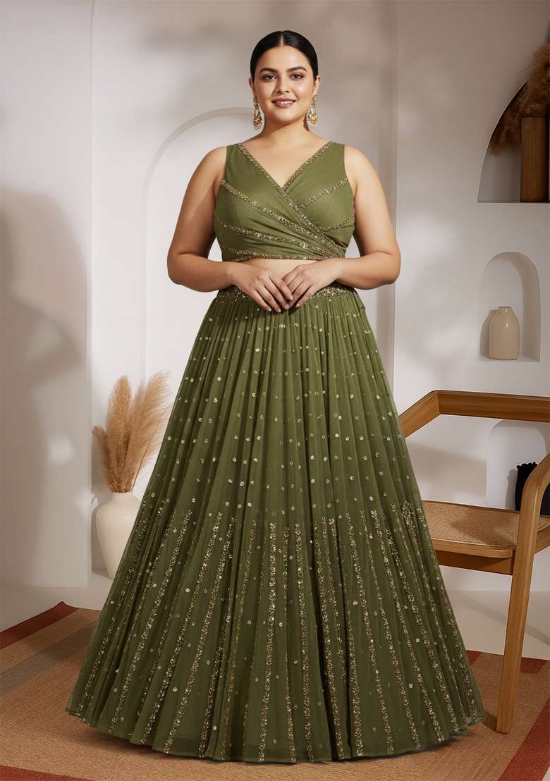 Olive Green Embroidery Georgette Lehenga Set - Indya