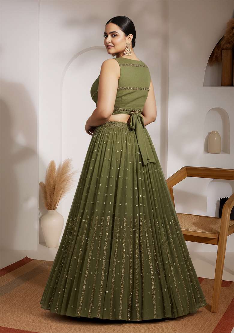 Olive Green Embroidery Georgette Lehenga Set - Indya