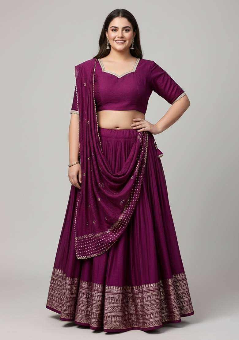 Wine Zari Work Woven Lehenga Set - Indya