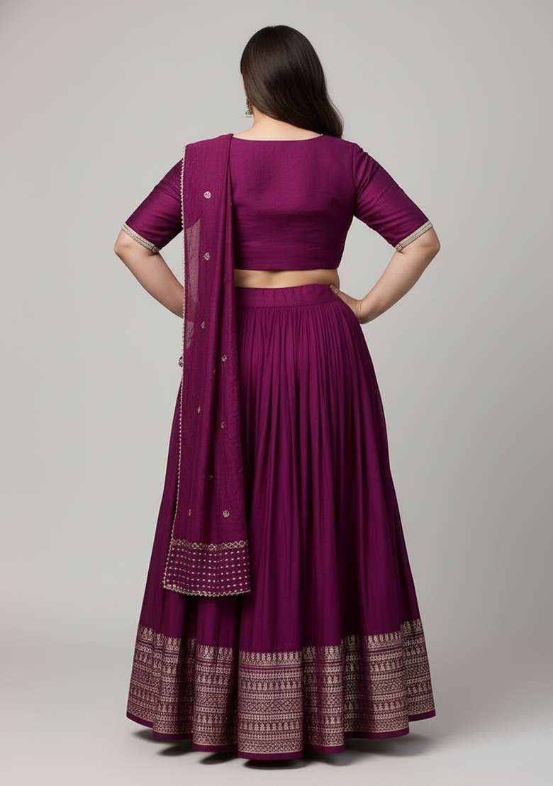Wine Zari Work Woven Lehenga Set - Indya