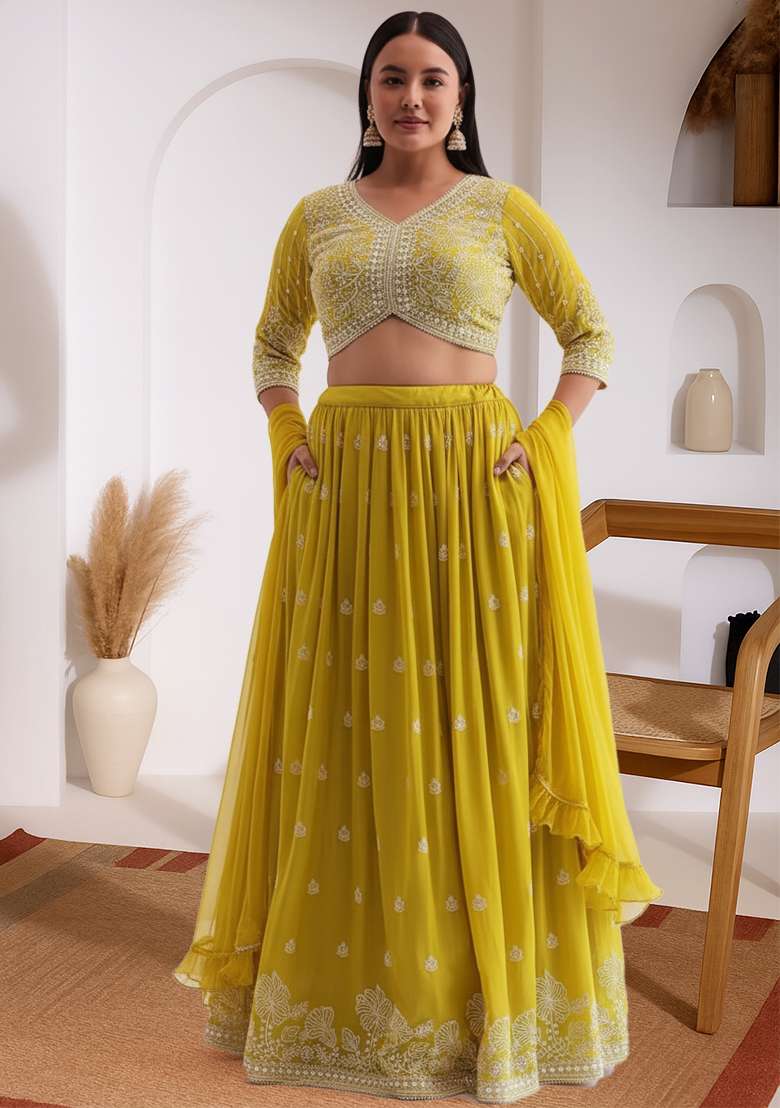 Yellow Embroidered Georgette Lehenga set - Indya