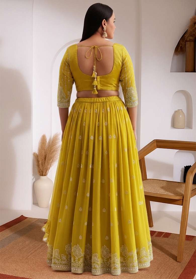Yellow Embroidered Georgette Lehenga set - Indya