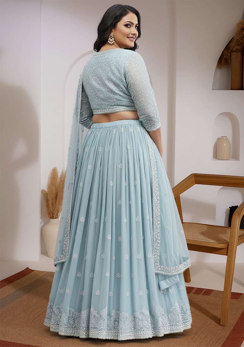 Light Blue Embroidered Georgette Lehenga set - Indya