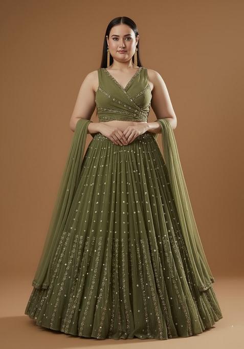 Green Embroidered Georgette Lehenga set