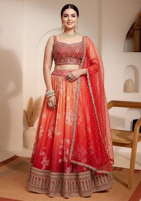 Orange Embroidered Organza Lehenga set