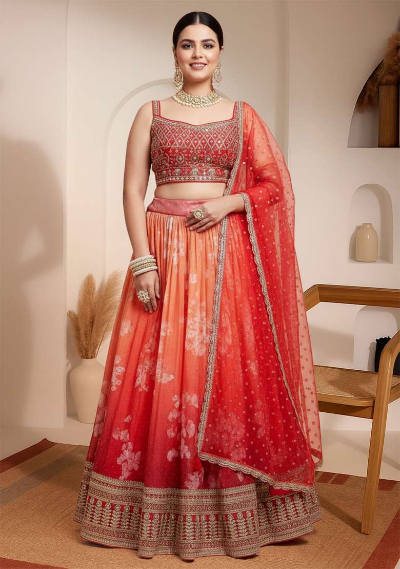 Orange Embroidered Organza Lehenga set - Indya