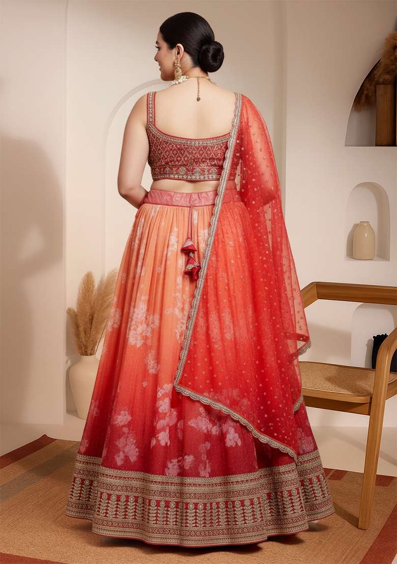 Orange Embroidered Organza Lehenga set - Indya