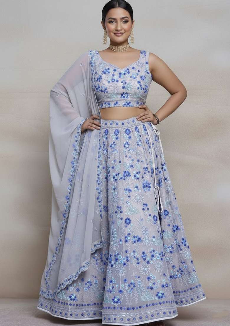 Multicolor Embroidered Georgette Lehenga set - Indya