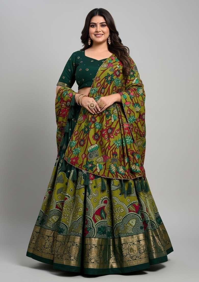 Green Printed Silk Lehenga Set - Indya