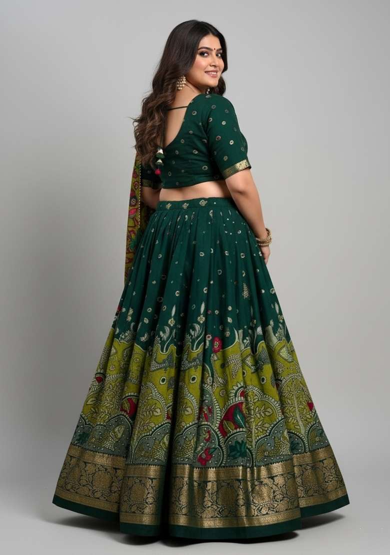 Green Printed Silk Lehenga Set - Indya