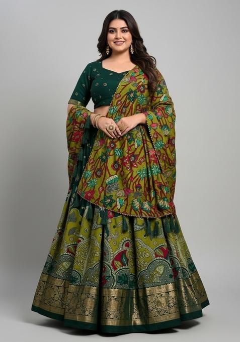 Green Printed Silk Lehenga Set