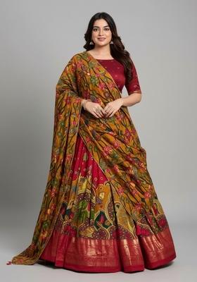 Red Printed Silk Lehenga Set