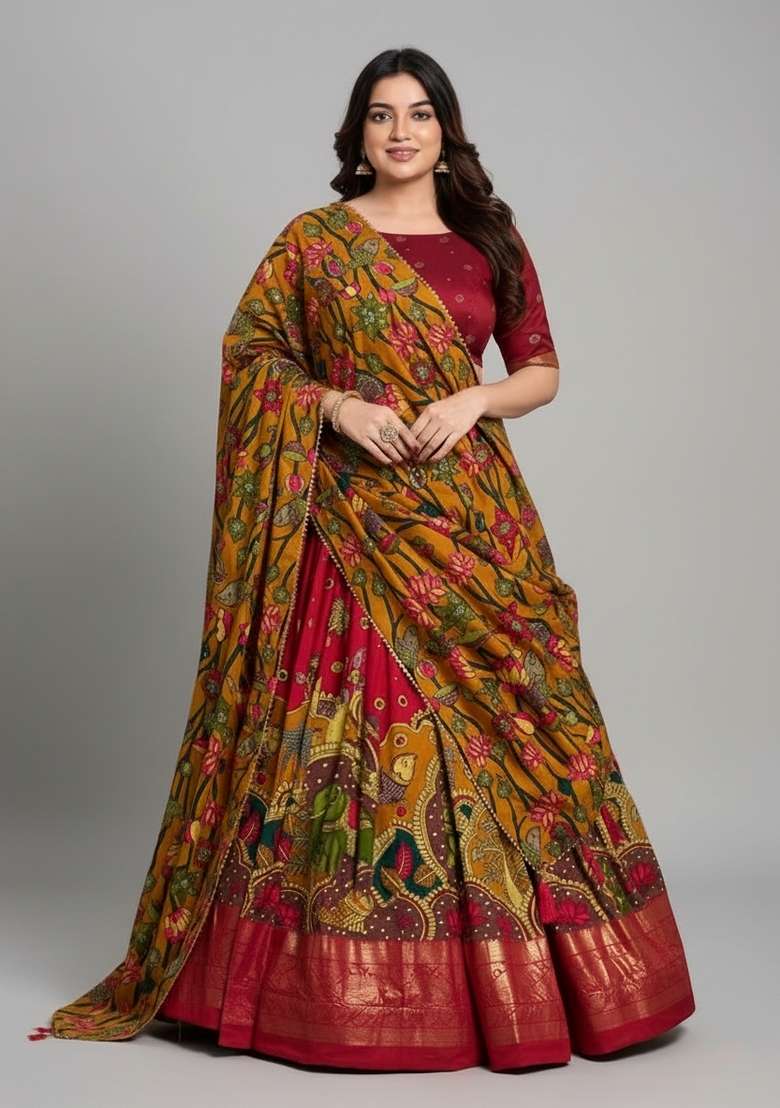 Red Printed Silk Blend Lehenga Set - Indya