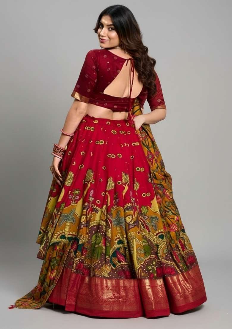 Red Printed Silk Blend Lehenga Set - Indya
