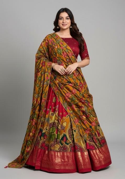 Red Printed Silk Lehenga Set