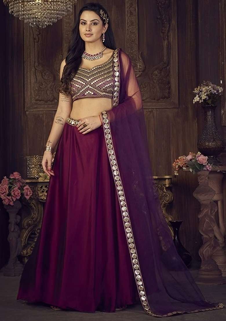 Purple Embroidered Silk Blend Lehenga set - Indya