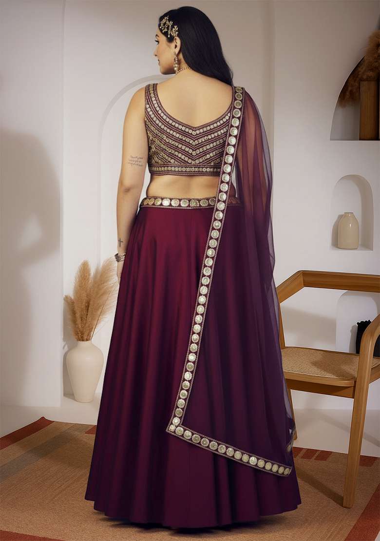 Purple Embroidered Silk Blend Lehenga set - Indya