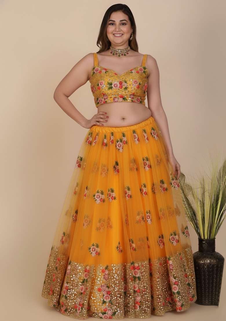 Yellow Embroidered Net Lehenga set - Indya