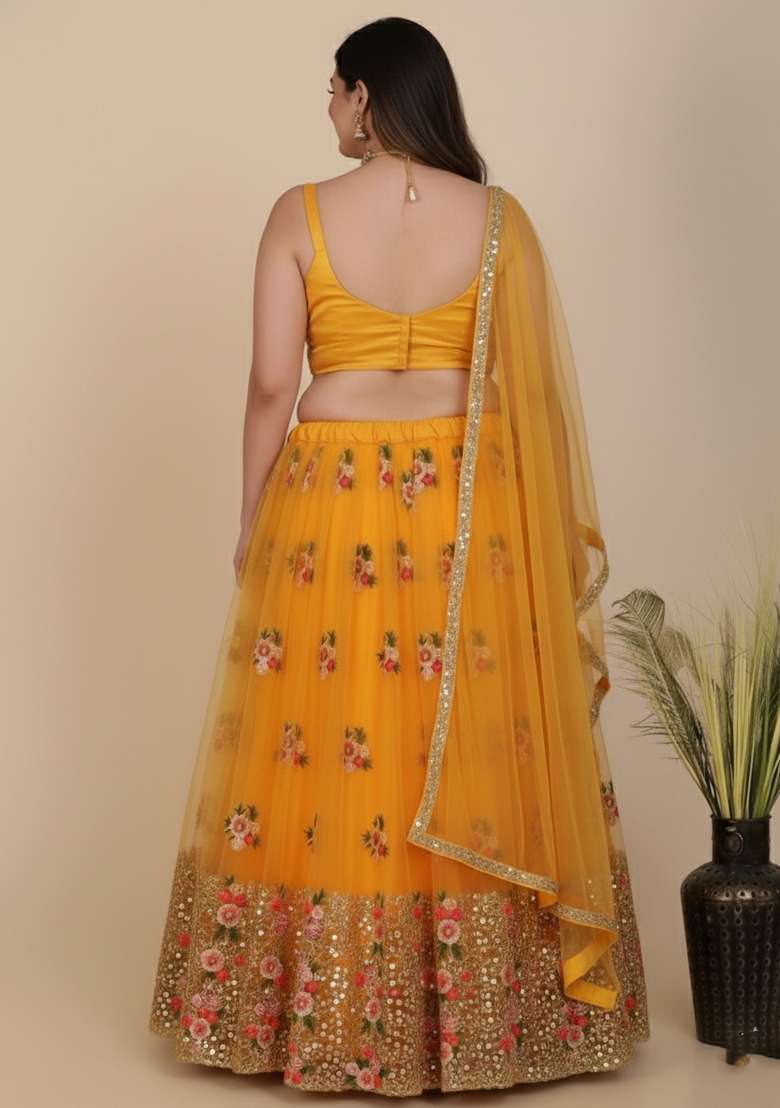 Yellow Embroidered Net Lehenga set - Indya