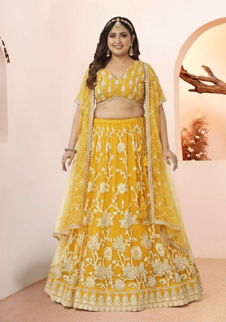 Yellow Embroidered Net Lehenga set - Indya