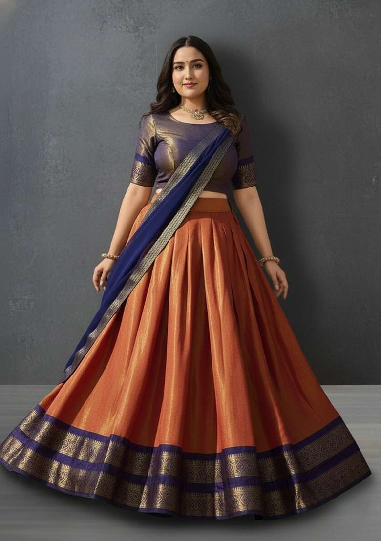 Orange Zari Work Silk Blend Lehenga Set - Indya