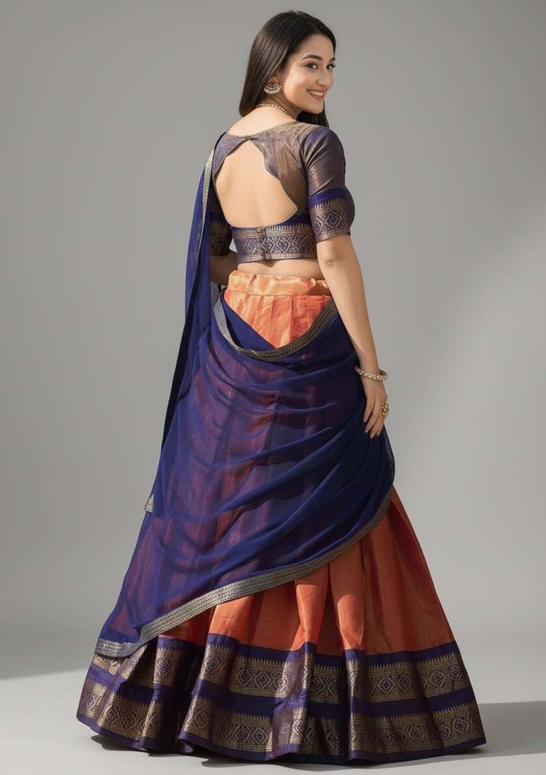 Orange Zari Work Silk Blend Lehenga Set - Indya