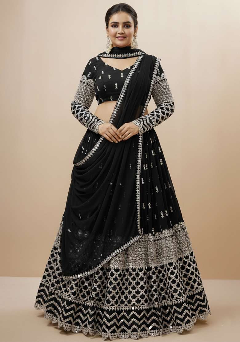 Black Embroidered Georgette Lehenga set - Indya