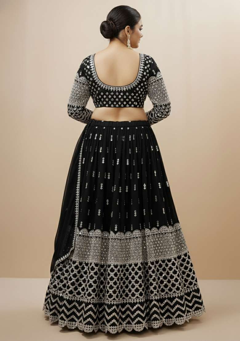 Black Embroidered Georgette Lehenga set - Indya