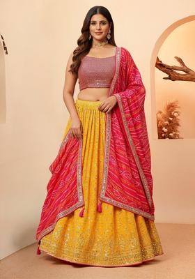 Yellow Embroidered Georgette Lehenga set