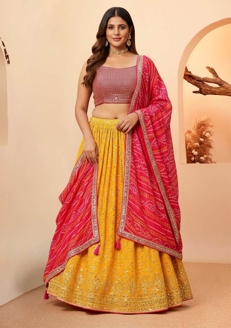Yellow Embroidered Georgette Lehenga set - Indya