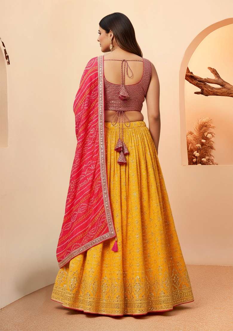 Yellow Embroidered Georgette Lehenga set - Indya