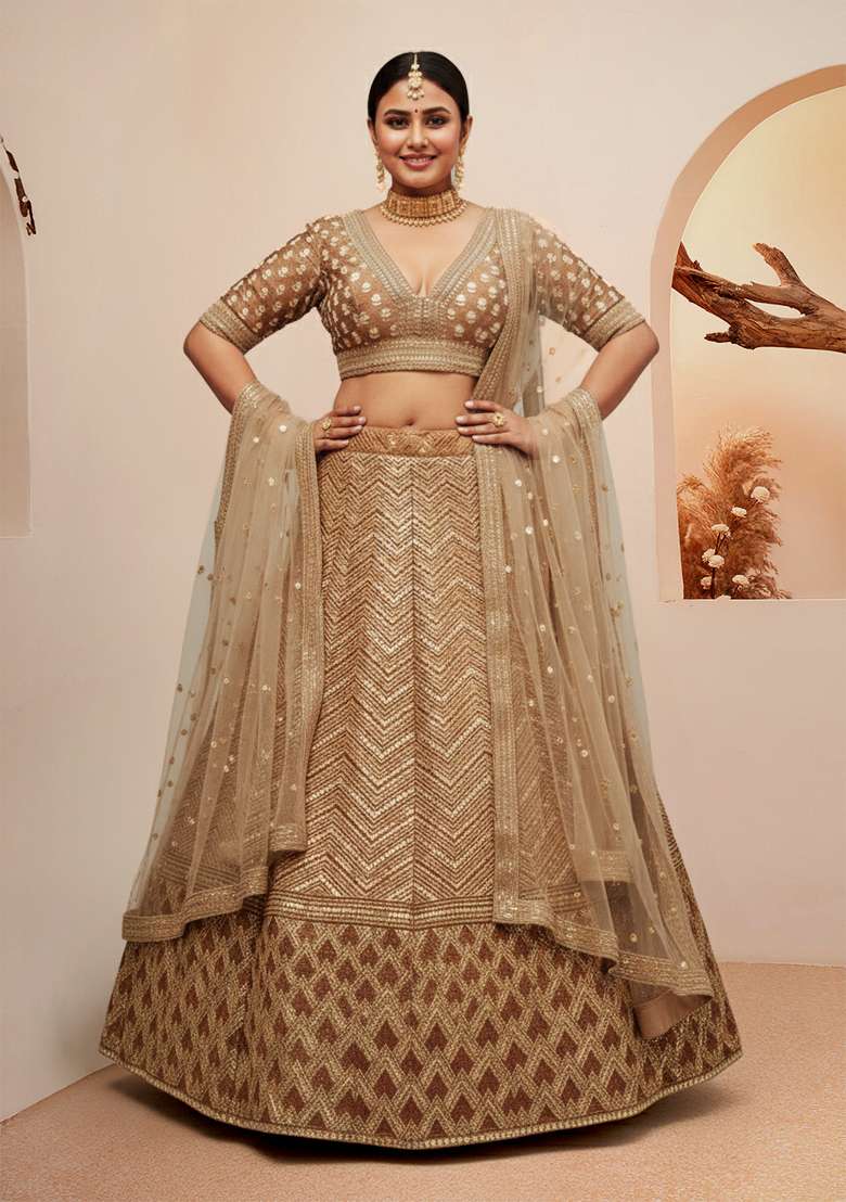 Brown Embroidered Silk Blend Lehenga set - Indya