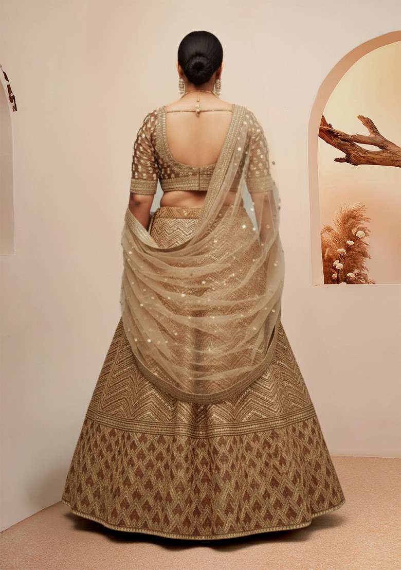 Brown Embroidered Silk Blend Lehenga set - Indya