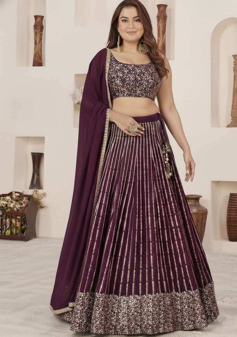 Wine Embroidered Georgette Lehenga set - Indya