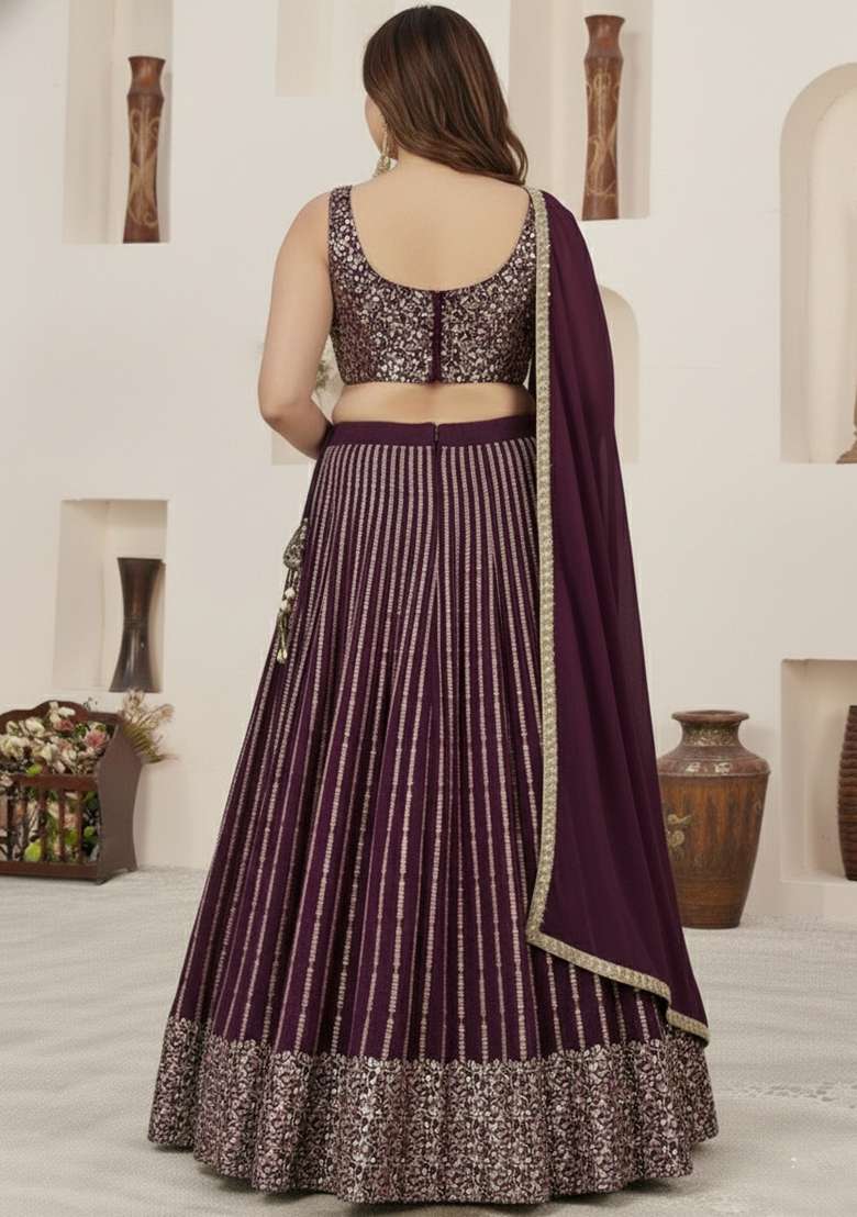 Wine Embroidered Georgette Lehenga set - Indya