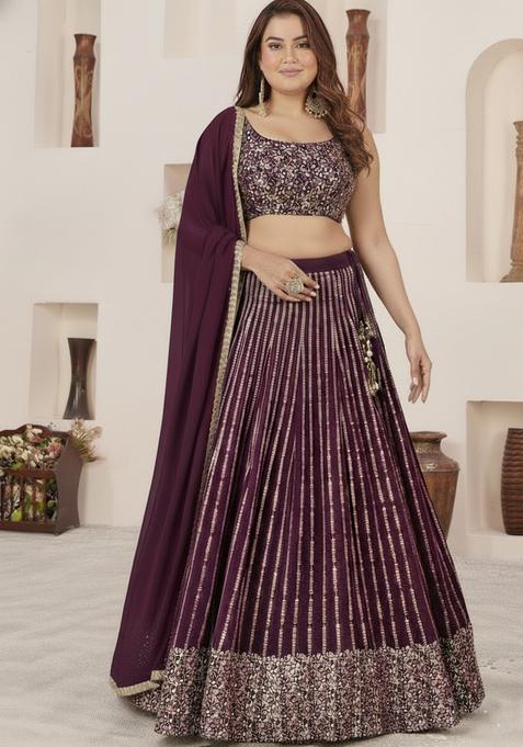 Wine Embroidered Georgette Lehenga set